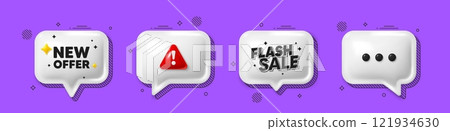 Offer speech bubble 3d icons. New offer tag. Special price sign. Advertising Discounts symbol. New offer chat offer. Flash sale, danger alert. Text box balloon. Vector 121934630