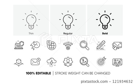 World money, Light bulb and Brand contract line icons. Pack of Charging time, Search, Professional icon. Target purpose, Currency audit, Augmented reality pictogram. 5g wifi. Line icons. Vector 121934632