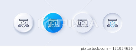 Laptop insurance hand line icon. Neumorphic, Blue gradient, 3d pin buttons. Risk coverage sign. Notebook protection symbol. Line icons. Neumorphic buttons with outline signs. Vector 121934636