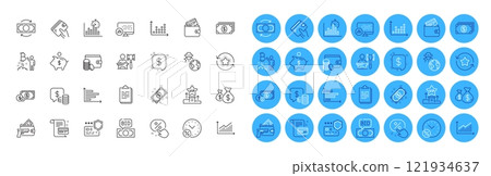 Payment card, Dollar money and Payment method line icons pack. Report statistics, Coins, Bitcoin project web icon. Loyalty points, Wallet, Debit card pictogram. Vip podium, Clipboard. Vector 121934637