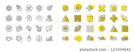 Integrity, Target purpose and Strategy. Design shape elements. Core values line icons. Trust handshake, social responsibility, commitment goal icons. Vector 121934642