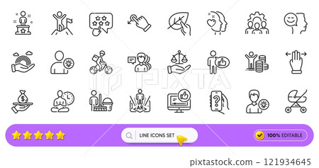 Person idea, User idea and Delivery bike line icons for web app. Pack of Lgbt, People, Like pictogram icons. Yoga, Like video, Ranking star signs. Budget profit, Heart, Drag drop. Search bar. Vector 121934645