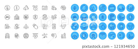 Rainy weather, Build and Approved app line icons pack. Water resistant, Calendar, No microphone web icon. Mobile finance, Medical prescription, Delivery app pictogram. Employee hand. Vector Rainy weather, Build and Approved app line icons pack. Water resistant, Calendar, No microphone web icon. Mobile finance, Medical prescription, Delivery app pictogram. Employee hand. Vector 121934650