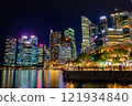 Night view of skyscrapers in downtown Singapore as seen from Merlion Park 121934840