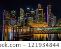 Night view of skyscrapers in downtown Singapore as seen from Merlion Park 121934844