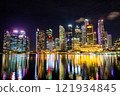 Night view of skyscrapers in downtown Singapore as seen from Merlion Park 121934845