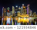 Night view of skyscrapers in downtown Singapore as seen from Merlion Park 121934846