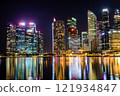 Night view of skyscrapers in downtown Singapore as seen from Merlion Park 121934847