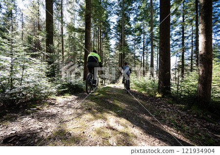 Two cyclists on a trail through a sun-dappled forest. Enjoy the peaceful ride. Two cyclists on a trail through a sun-dappled forest. Enjoy the peaceful ride. 121934904