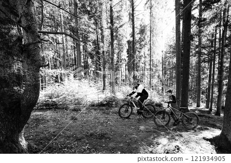 Father and son biking through a sun-dappled forest trail. A memorable family adventure. 121934905