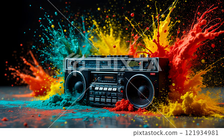 Retro boombox surrounded by vibrant paint splashes at a creative event 121934981
