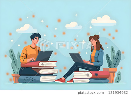 Students engaged in studying on laptops surrounded by books and nature on a sunny day 121934982