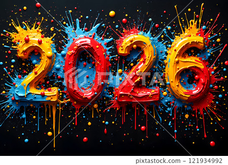 Colorful splash of paint forming the vibrant numbers 2026 against a dark background 121934992