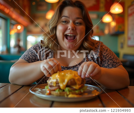 Joyful moment in a cozy diner while enjoying a delicious cheeseburger on a sunny afternoon 121934993