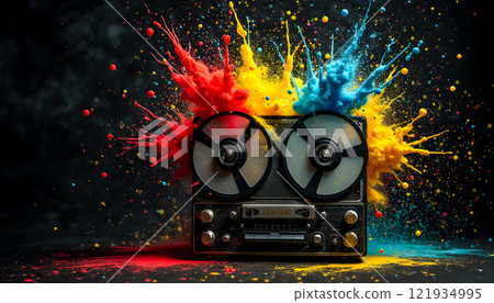 Vibrant explosion of colors surrounding a vintage reel-to-reel tape recorder creating a dynamic artistic composition 121934995
