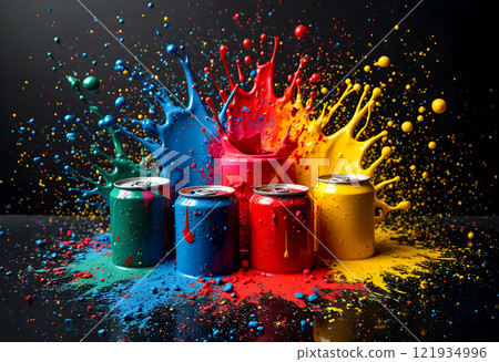 Colorful paint splashes around vibrant soda cans create a dynamic and artistic display in a dark setting 121934996