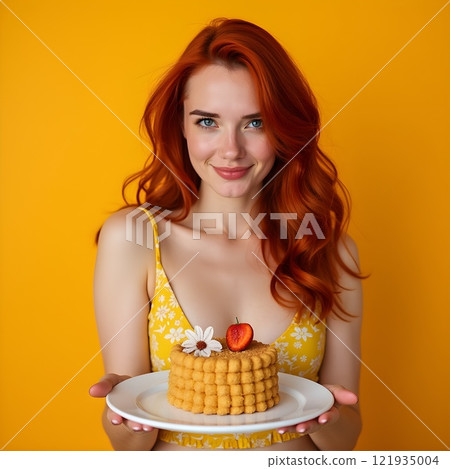 Woman in yellow dress holds a dessert with strawberries and flowers in front of a bright yellow background 121935004