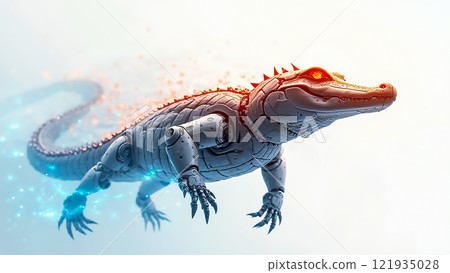Futuristic robotic crocodile with illuminated features in a surreal setting capturing technology and nature 121935028