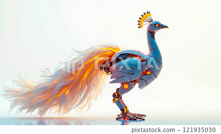 Metallic peacock with luminous feathers stands majestically against a light backdrop in a futuristic design Metallic peacock with luminous feathers stands majestically against a light backdrop in a futuristic design 121935030