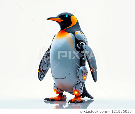 Robotic penguin design showcasing futuristic technology in a minimalistic environment 121935033