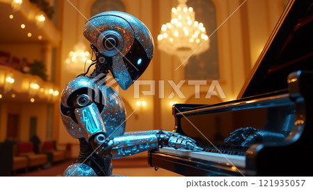 Robot pianist performing in an elegant concert hall illuminated by chandeliers during a captivating evening event Robot pianist performing in an elegant concert hall illuminated by chandeliers during a captivating evening event 121935057