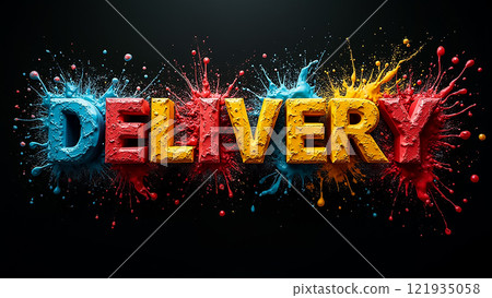 Vibrant delivery lettering splashed with colorful paint in an artistic display 121935058