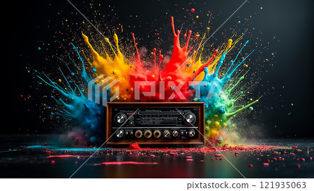 Colorful explosion of paint around a vintage radio creating an artistic display 121935063