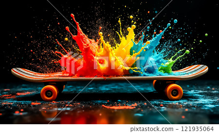 Colorful paint splashes erupt from a skateboard highlighting dynamic artistic expression and creativity Colorful paint splashes erupt from a skateboard highlighting dynamic artistic expression and creativity 121935064