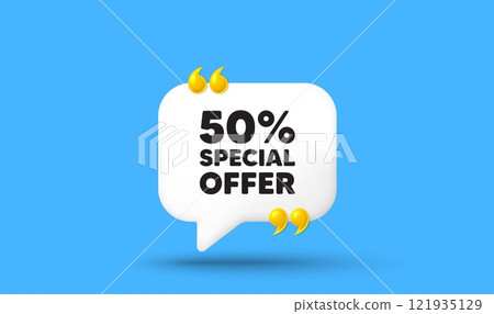 50 percent discount offer tag. Chat speech bubble 3d icon with quotation marks. Sale price promo sign. Special offer symbol. Discount chat message. Speech bubble banner. White text balloon. Vector 121935129