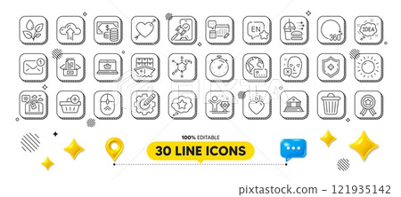 Online shopping, Face declined and Shipment line icons pack. 3d design elements. Internet pay, Heart, Cloud upload web icon. Winner cup, Travel luggage, Coins banknote pictogram. Vector 121935142