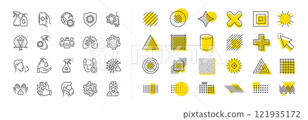 Medical Mask, Washing Hands, Corona Virus Symptoms. Design shape elements. Coronavirus line icons. Social Distance, Hand Sanitizer, Face mask line icons. Vector 121935172