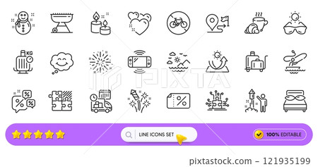 Fireworks explosion, Discounts chat and Sea mountains line icons for web app. Pack of Snowman, Fireworks, Grill pictogram icons. Discount banner, Journey, Coffee break signs. Sunglasses. Vector Fireworks explosion, Discounts chat and Sea mountains line icons for web app. Pack of Snowman, Fireworks, Grill pictogram icons. Discount banner, Journey, Coffee break signs. Sunglasses. Vector 121935199