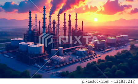 Industrial complex at sunset showcasing towering smokestacks and storage tanks in a serene landscape Industrial complex at sunset showcasing towering smokestacks and storage tanks in a serene landscape 121935217