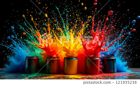 Colorful powder bursts from cans during a vibrant art activity creating a stunning visual display 121935238