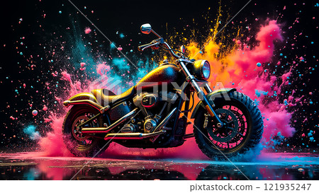 Colorful motorcycle splashes paint in a dynamic display while parked in a modern studio setting 121935247
