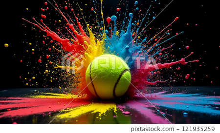 Colorful tennis ball bursts through vibrant powder paint in a dynamic display of motion and energy 121935259