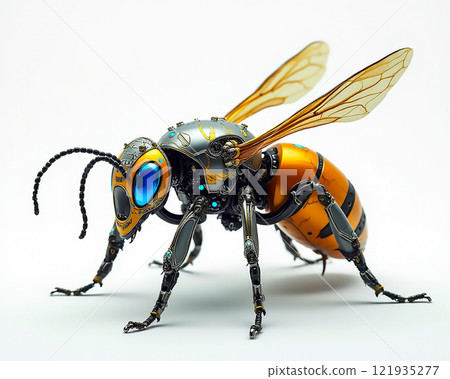 Futuristic robotic bee designed with intricate details and a vibrant color scheme in a sleek pose on a plain background Futuristic robotic bee designed with intricate details and a vibrant color scheme in a sleek pose on a plain background 121935277