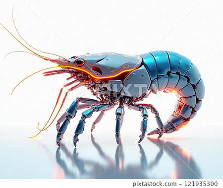 Robot shrimp showcases futuristic design with vibrant colors and intricate details in a clean environment 121935300