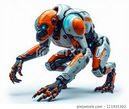 Robot resembling a monkey explores futuristic landscape with vibrant colors and detailed mechanisms Robot resembling a monkey explores futuristic landscape with vibrant colors and detailed mechanisms 121935302