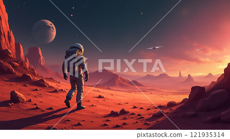 Astronaut explores a red planet landscape at sunset with distant celestial bodies in the sky 121935314