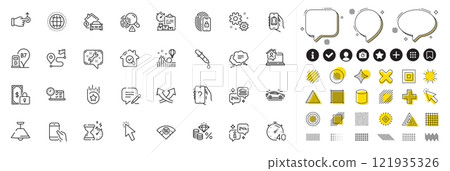 Set of Baggage app, Car and Timer line icons for web app. Design elements, Social media icons. Loyalty star, 5g wifi, Text message icons. Write, Globe, Intersection arrows signs. Vector 121935326