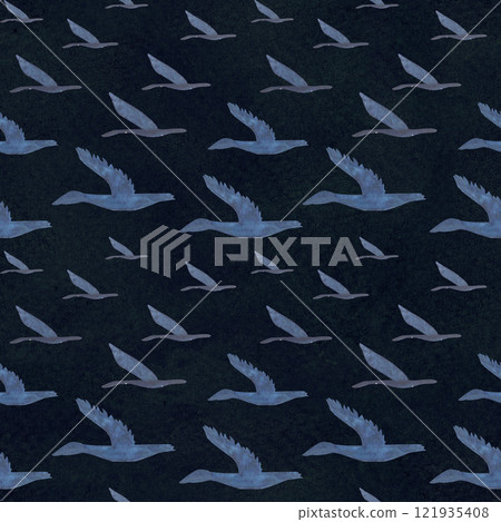 Flying birds, gees seamless pattern on dark blue background. High quality hand-drawn watercolor simple flat illustration for landscapes, scrapbooking, wrapping paper, textile, souvenirs decor design 121935408
