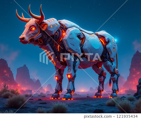 Robotic bull stands in a futuristic landscape with glowing elements under a starry sky Robotic bull stands in a futuristic landscape with glowing elements under a starry sky 121935434