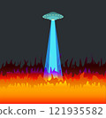 Illustration of a UFO emitting light and causing a fire 121935582