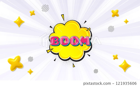 Offer sunburst ray banner. Boom comic cartoon bubble banner. Discount sticker shape. Sale coupon icon. Boom bubble chat message. Speech bubble discount with stripes. Burst text balloon. Vector 121935606