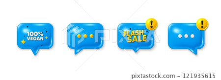Offer speech bubble 3d icons. 100 percent vegan tag. Organic bio food sign. Vegetarian product symbol. Vegan food chat offer. Flash sale, danger alert. Text box balloon. Vector 121935615