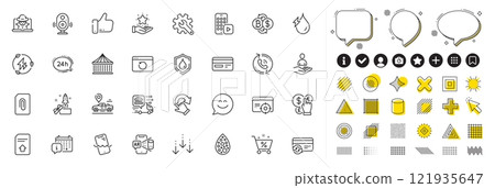 Set of 24h service, Scroll down and Car place line icons for web app. Design elements, Social media icons. Recovery internet, Waterproof, Green electricity icons. Vector 121935647