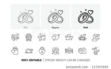 Marriage rings, Wedding car, love. Honeymoon line icons set. Bridal champagne, Valentine heart icons. Couple tickets, honeymoon travel, married night. Wedding love music. Line icons set. Vector Marriage rings, Wedding car, love. Honeymoon line icons set. Bridal champagne, Valentine heart icons. Couple tickets, honeymoon travel, married night. Wedding love music. Line icons set. Vector 121935684