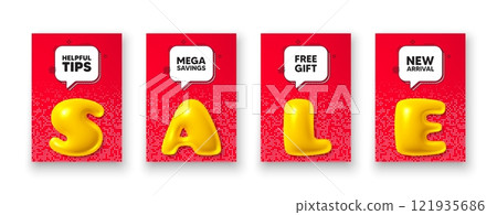 Poster templates with 3d sale text. Helpful tips tag. Education faq sign. Help assistance symbol. Helpful tips poster frame message. Offer chat bubbles. Text speech balloon. Vector 121935686