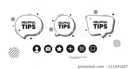 Helpful tips tag. Speech bubble offer icons. Education faq sign. Help assistance symbol. Helpful tips chat text box. Social media icons. Speech bubble text balloon. Vector 121935687